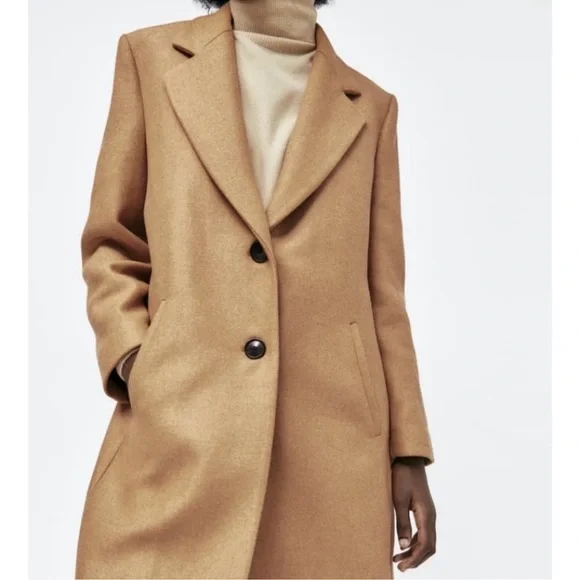 Zara Taupe Brown Fitted Wool Blend Coat